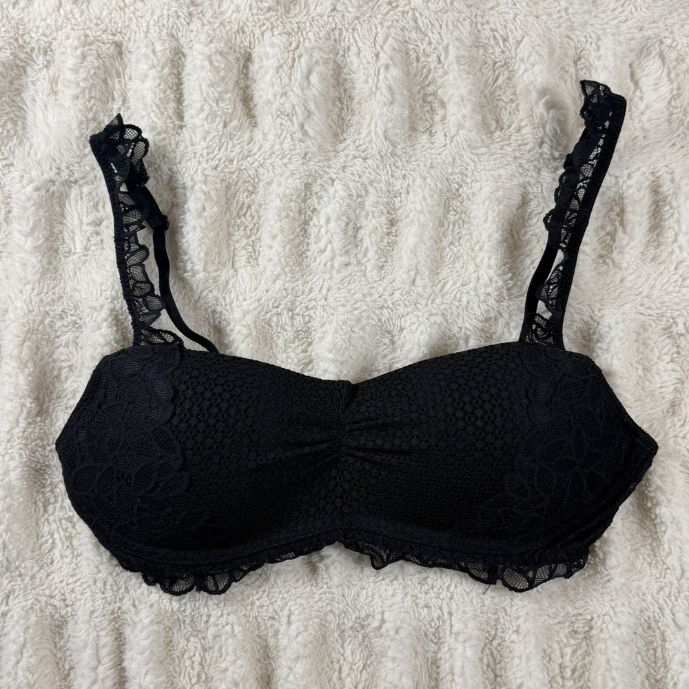 Aerie Black Floral Lace Balconette Bra Underwire Ruffle Straps Sweetheart Padded